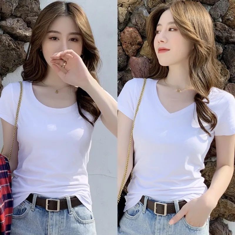 【#640] เสื้อยืดคอกลม แขนสั้น แบบบาง เข้ารูป สีขาว แฟชั่นฤดูร้อน สําหรับผู้หญิง