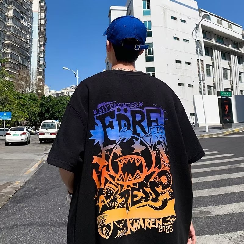 【M-8XL 】เสื้อยืดคอกลม แขนสั้น ลายมอนสเตอร์ร็อค อเมริกัน ไล่โทนสี สไตล์ฮิปฮอป ลําลอง แฟชั่น สําหรับผู้ชาย