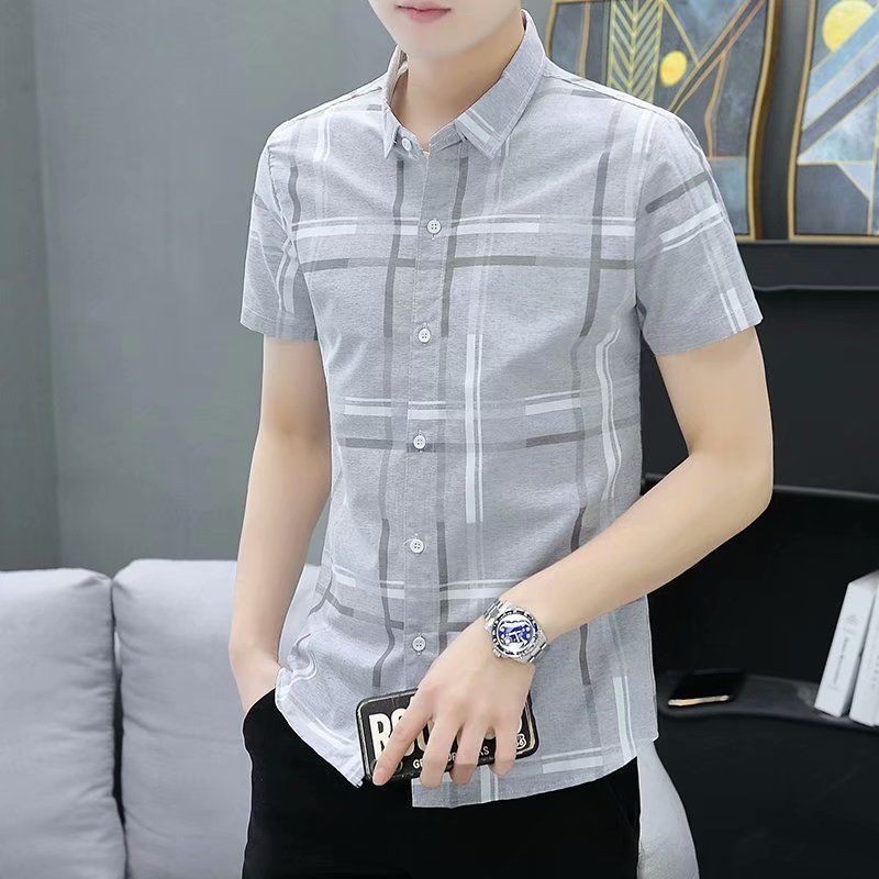 เสื้อเชิ้ตแขนสั้นลําลอง ลายตารางหมากรุก สไตล์เกาหลี แฟชั่นฤดูร้อน สําหรับผู้ชาย ใส่ทํางาน