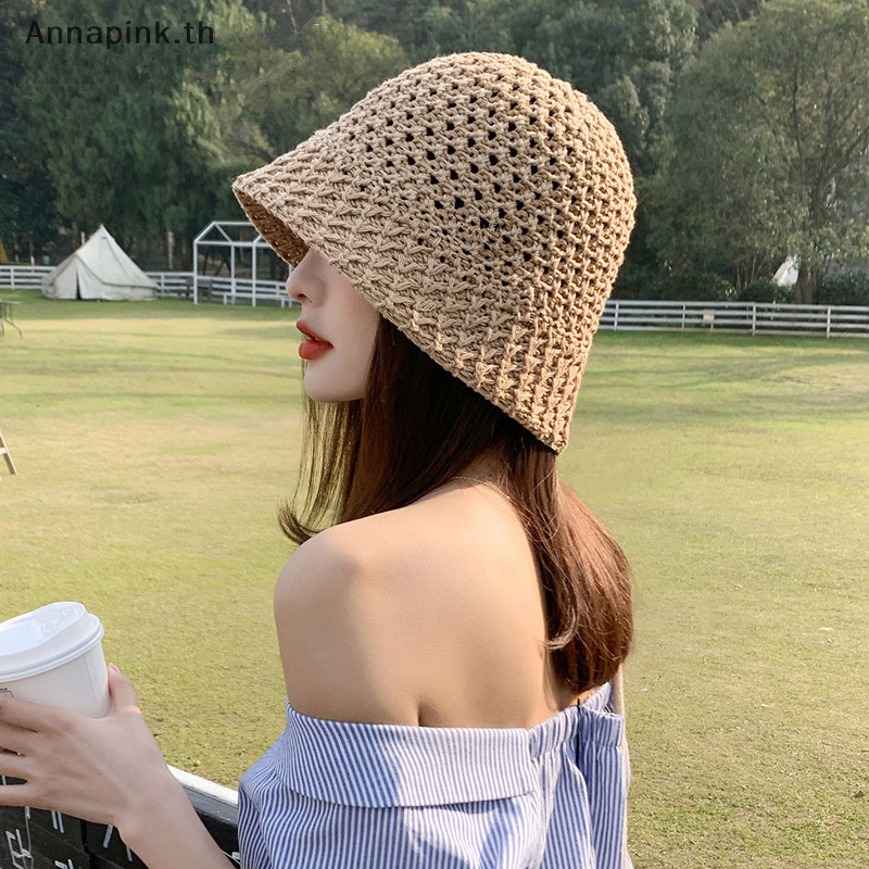 Annapink.th หญิง Sun หมวกปีกกว้างฟลอปปี้ฤดูร้อนชายหาดปานามาฟางโดมสาน Femme Shade ผู้หญิง