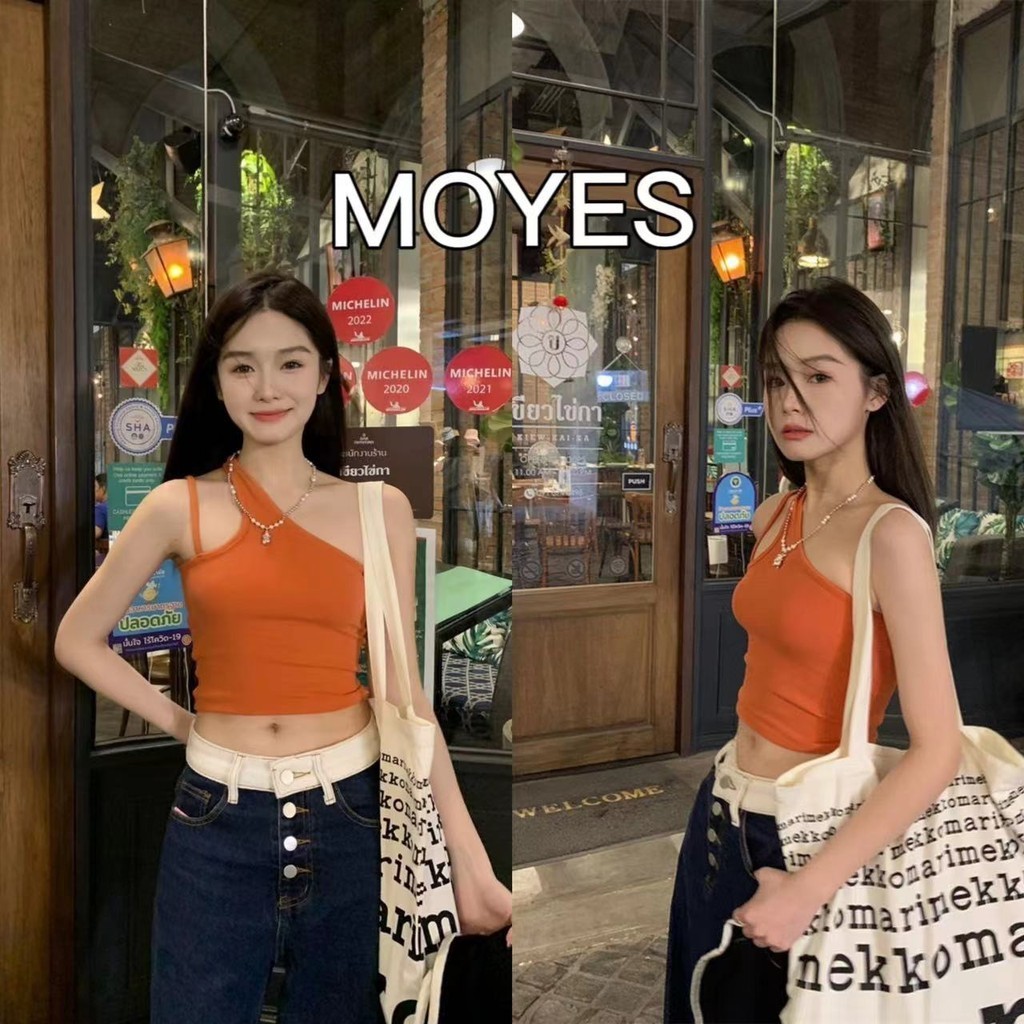 MOYES 🎀เสื้อกั๊กห้อยรอบคอไม่สม่ำเสมอ ดีไซน์ผู้หญิง ผ่าเพรียว แขนกุด สาวเซ็กซี่และหวาน