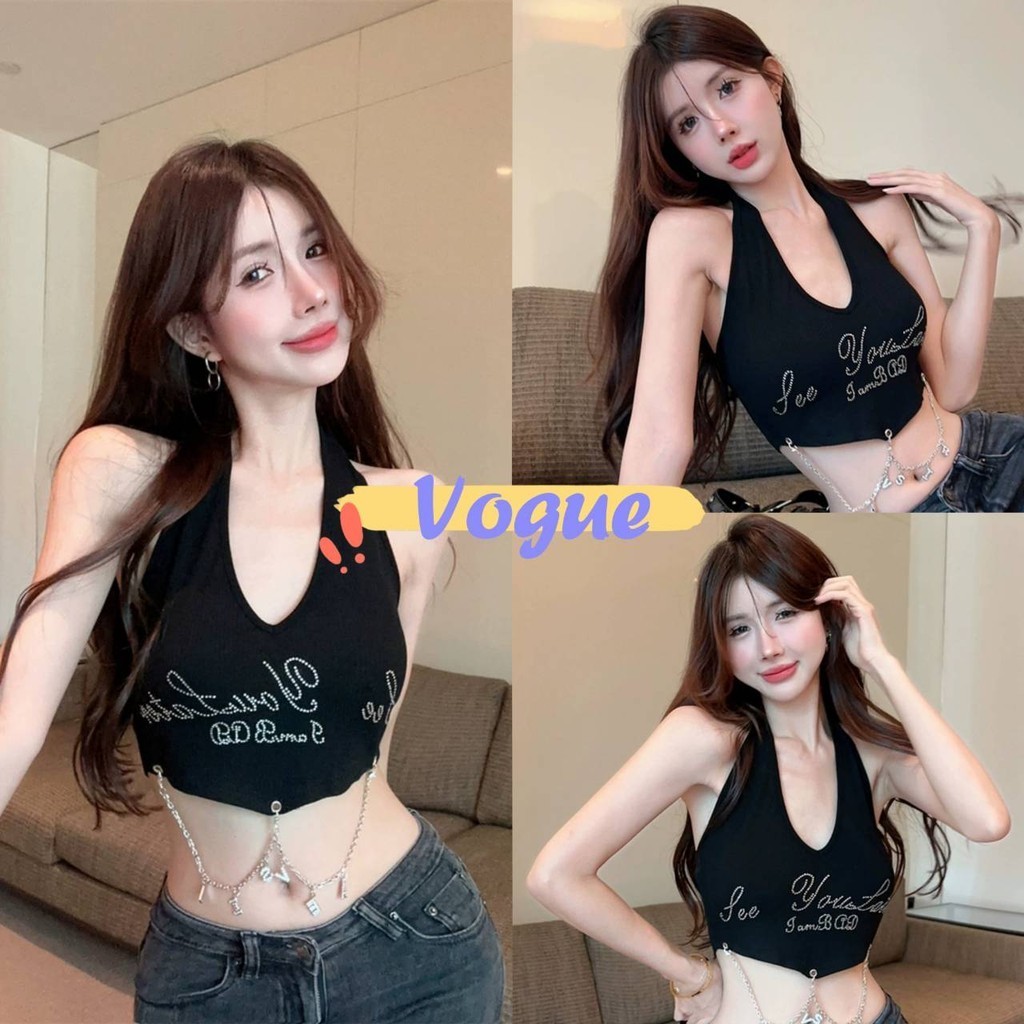 Vogue🌟พร้อมส่ง🌟 เสื้อคล้องคอ มีฟองน้ำ ใส่สบาย ครอปสั้น (FYN41) -H