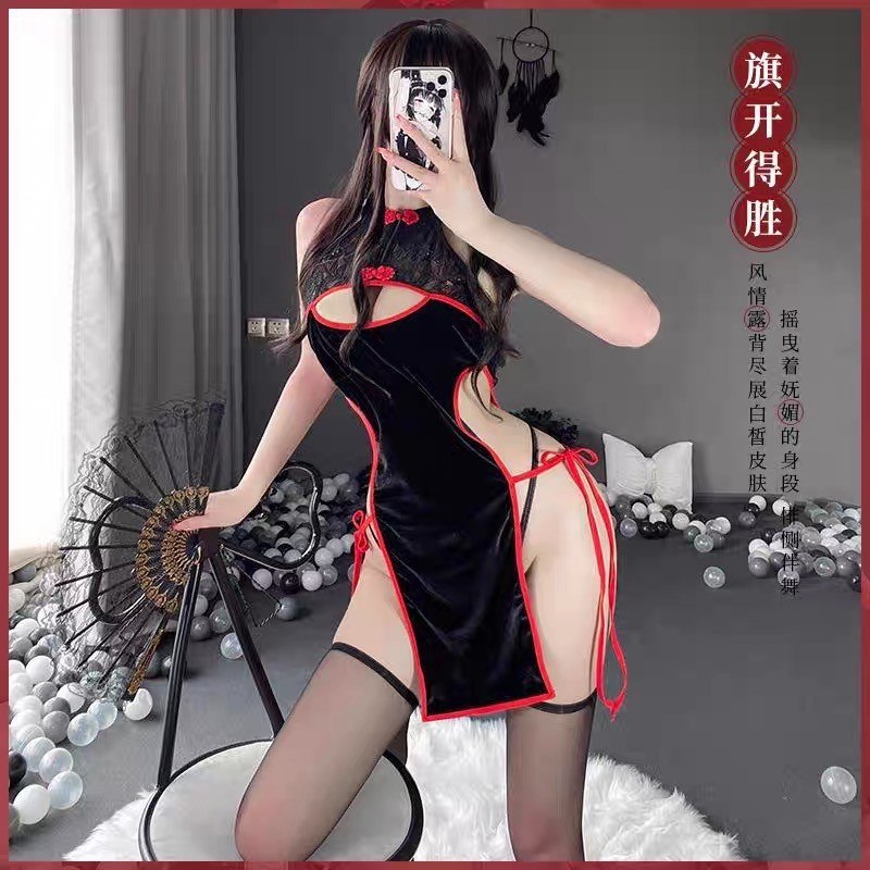 ชุดชั้นในเซ็กซี่เซ็กซี่ Cheongsam ชุดชั้นในเซ็กซี่ Retro สไตล์รีพับลิกันกํามะหยี่ Cheongsam เซ็กซี่ด้านข้าง Slit Cheongsam เครื่องแบบ Temptation