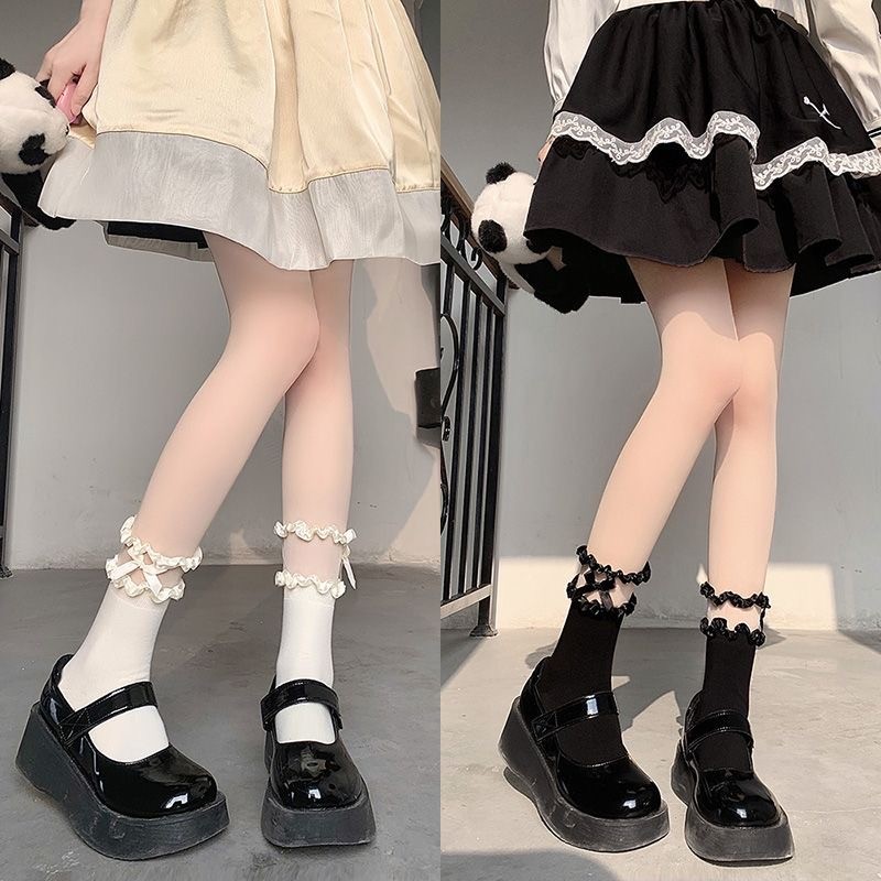 Bow Thin Jk Socks Lolita Lace ถุงเท้าข้อกลาง