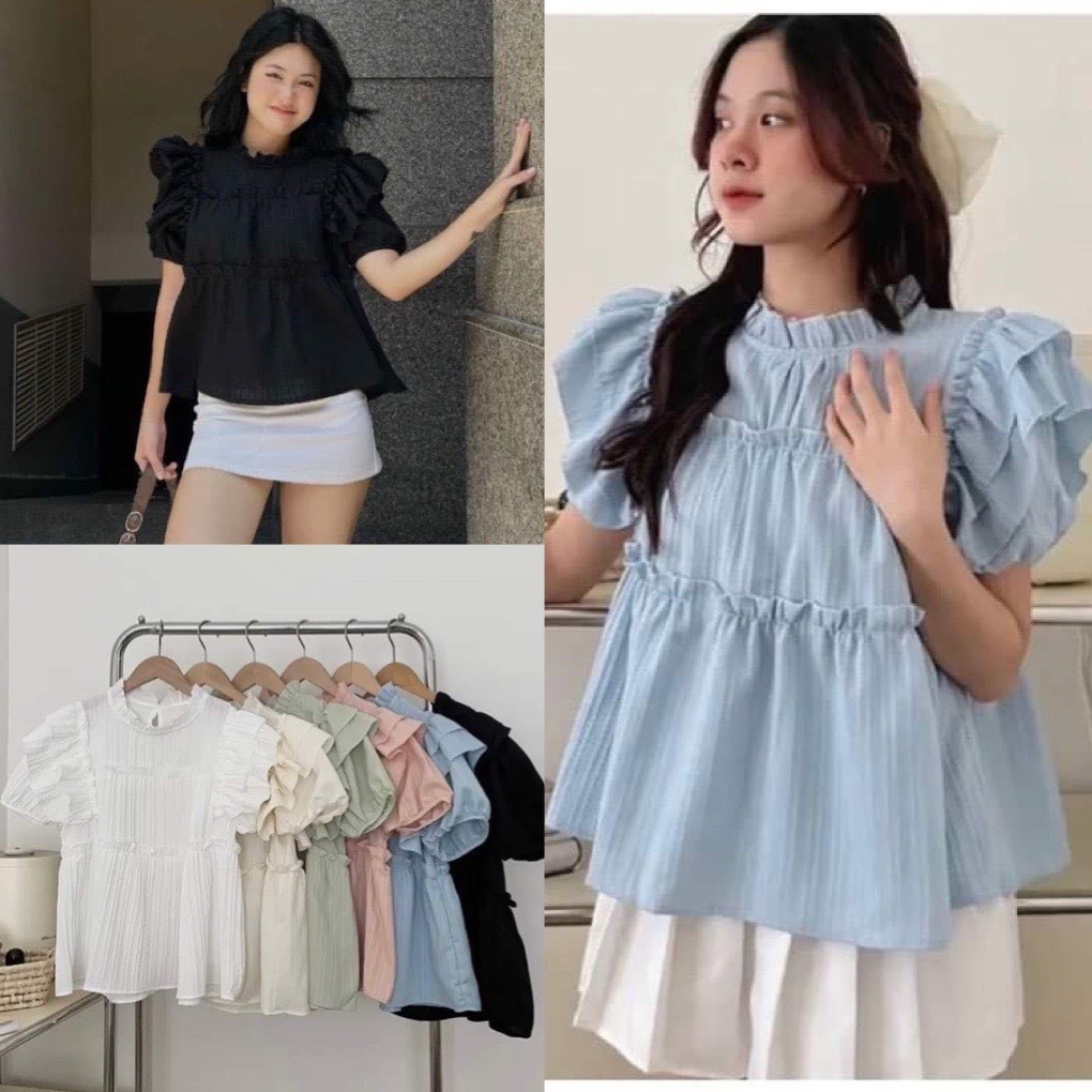 เบบี้ดอลล์ เสื้อแต่งระบายปีกนางฟ้าผ้าชั้นคอปกย่นแขนสั้นเสื้อเลดี้ไลค์สําหรับผู้หญิงไปโรงเรียนและออกไปข้างนอกร้านอามี