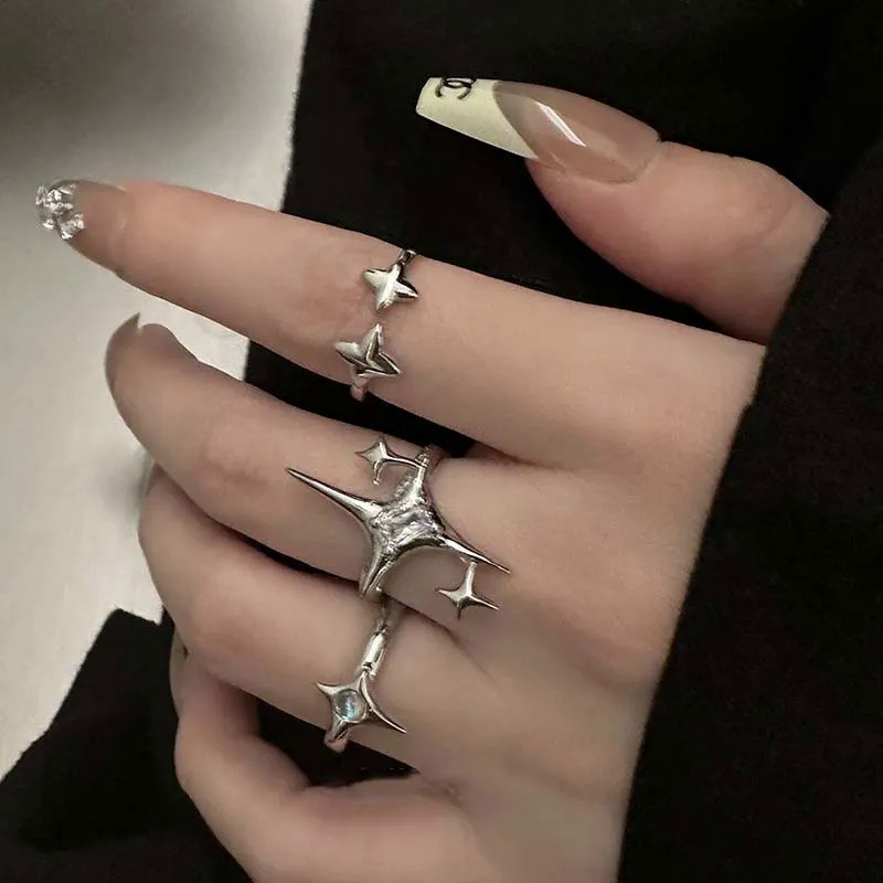 Vintage Irregular Cross Star Open Ring for Women Men Punk Gothic Sliver Color Adjustable Couple Rings Y2K Egirl Jewelry