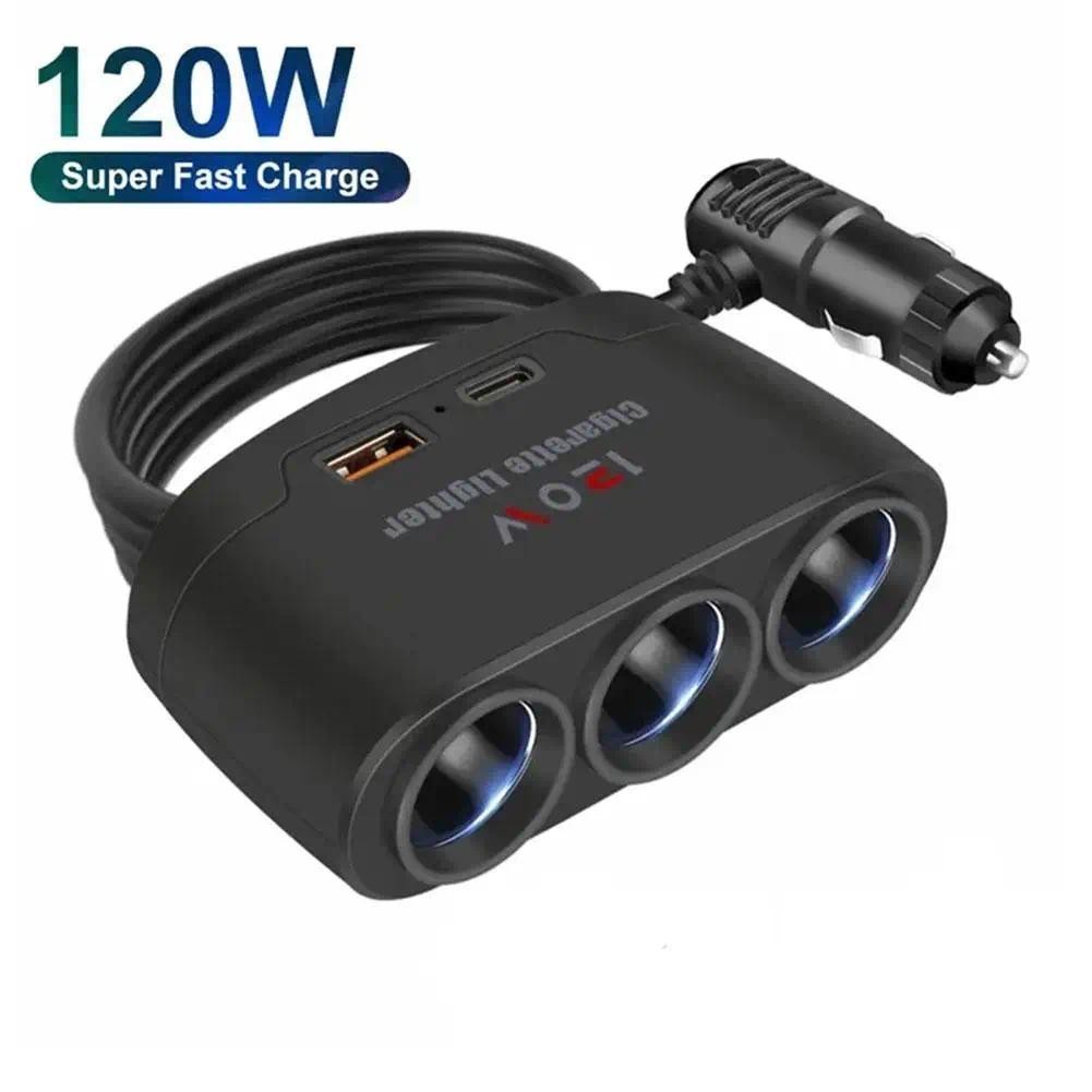 อะแดปเตอร์ซ็อกเก็ตที่จุดบุหรี่ 120W 12V 24V USB PD แบบชาร์จเร็ว สําหรับรถยนต์ DVR GPS Dashcam
