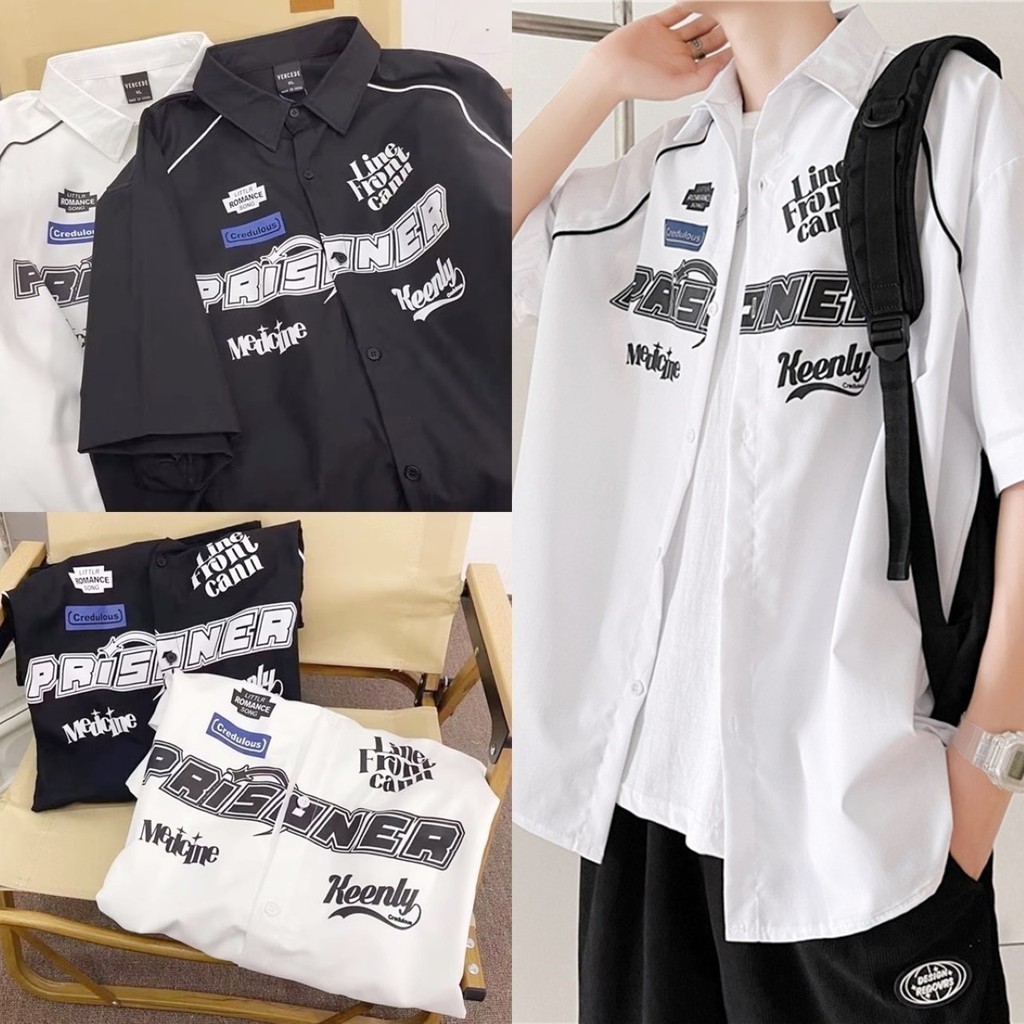 🔥ราคาถูกที่สุด🔥เสื้อเชิ้ตสีโทนขาวดำ สไตล์สปอร์ต ลายกราฟฟิกตัวหนังสือ มีกระดุมหน้า ทรงโอเวอร์ไซส์