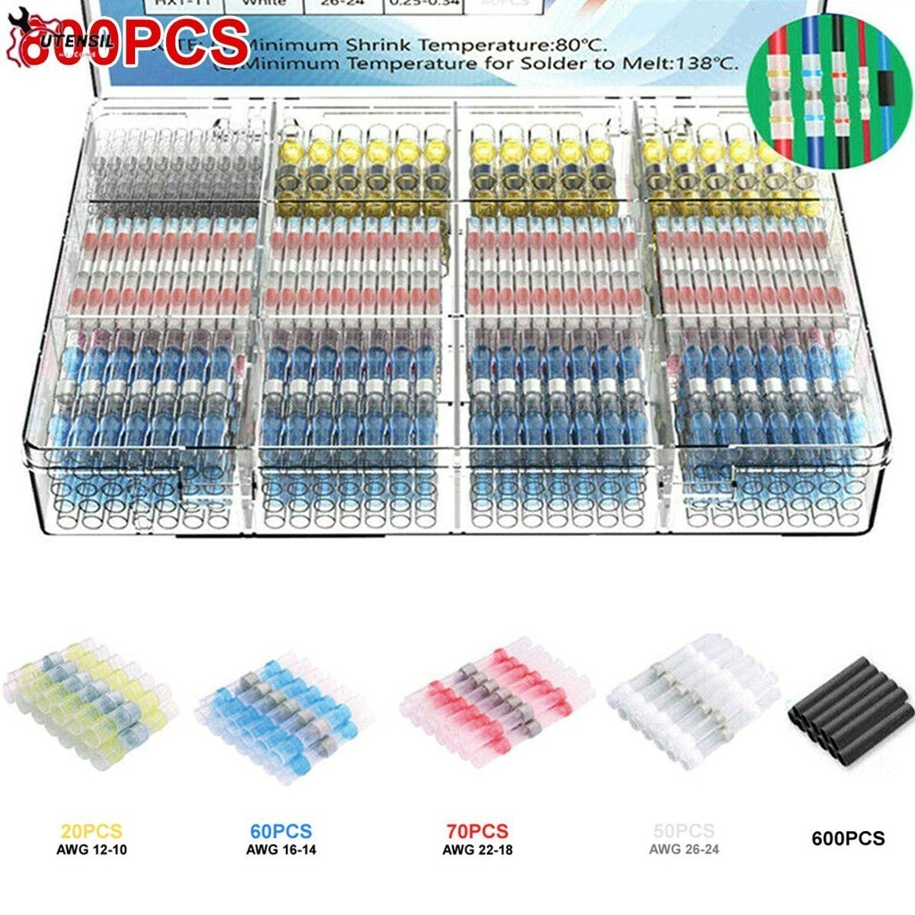 ชุดปลอกหุ้มท่อหดความร้อน [800 ชิ้น] แหวนบัดกรีแบบหดด้วยความร้อนท่อหดเทอร์มินัลกันน้ำบรรจุกล่อง