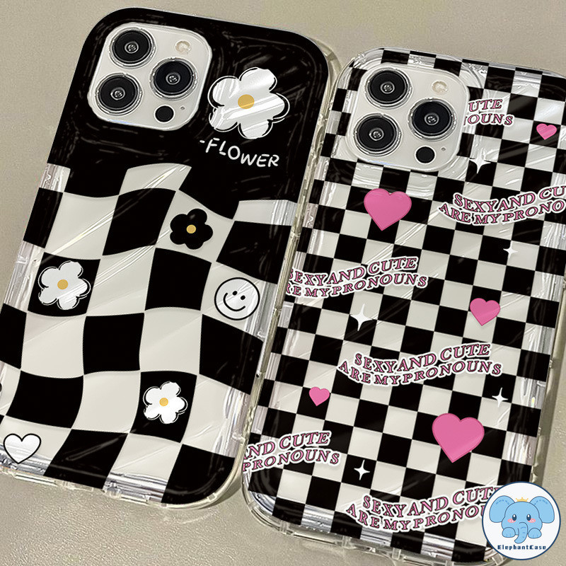 หรูหรากระดานหมากรุกรอยยิ้มดอกไม้รักหัวใจเลเซอร์กรณีนามบัตร IPhone 11 12 15 XR 13 14 Pro Max X XS Max 8 7 15 Plus SE