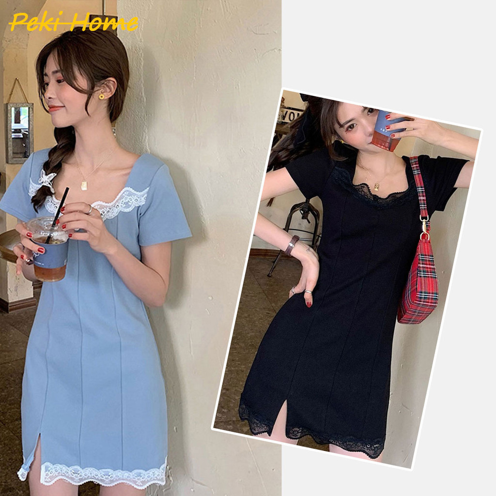 ชุดเดรสผ่าข้างผ้ายืด สลิมฟิต เเต่งระบายลูกไม้ สไตล์เกาหลี