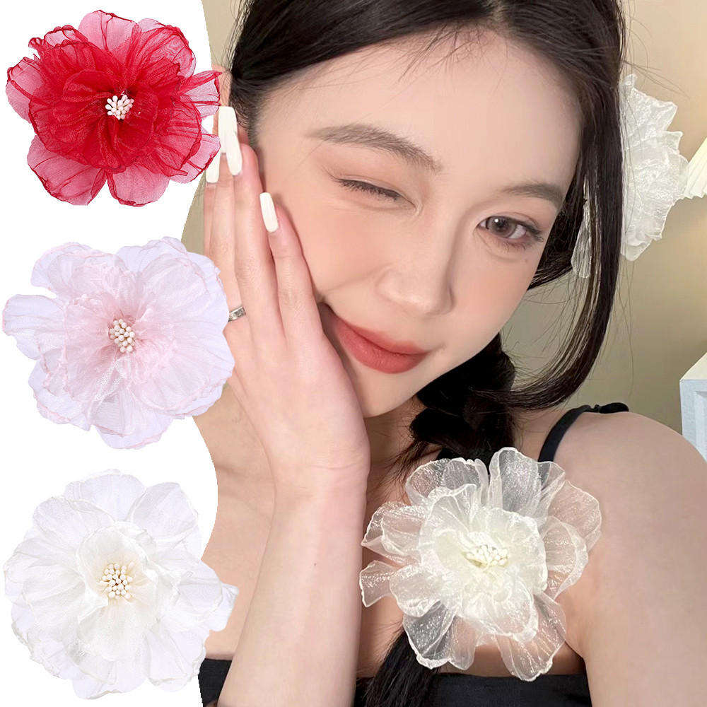 กิ๊บติดผมดอกไม้จําลอง - กิ๊บดอกไม้ประดิษฐ์ DIY - กิ๊บติดผมอมตะสุดหวานของเด็กผู้หญิง - ดอกคามิเลีย กิ๊บขอบ - ออร์แกนซ่า, หวาน, สง่างาม