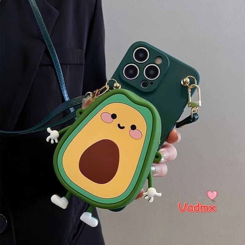 เคสโทรศัพท์มือถือ แบบนิ่ม ลายอะโวคาโดน่ารัก มีกระเป๋าสตางค์ สําหรับ iPhone 15 Pro Max 15 Plus 14 Pro Max 14 Plus 13 12 11 Pro Max Mini X XR XS Max 8 7 6 6s Plus 5เชือกเส้นเล็ก