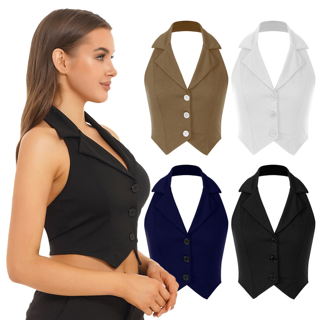 Linjinx Womens Fashion Solid Color Crop Tops Lapel Halter ปุ่มเปลือยลงชี้ Hem Vest สําหรับปาร์ตี้ลําลอง
