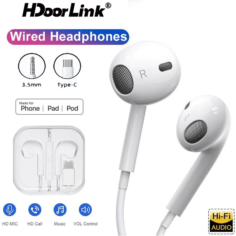 Hdoorlink หูฟังอินเอียร์ แบบมีสาย ip 15 14 13 HiFi เบสเพลง หูฟังแฮนด์ฟรี Type-C 3.5 มม. ios พร้อมไมโครโฟน สําหรับ Samsung Xiaomi แท็บเล็ต แล็ปท็อป