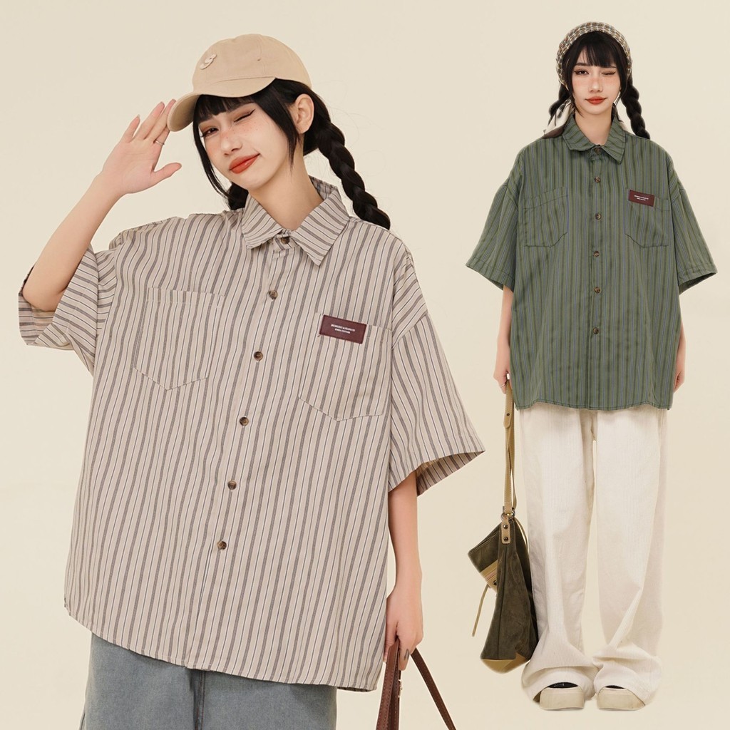 SuySuy พร้อมส่ง เสื้อเชิ้ตแขนสั้น ลายทางตรง สวยเก๋ เท่ แต่งได้หลายลุค