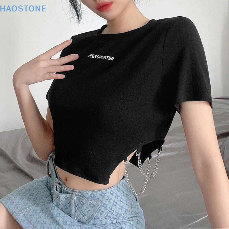 [HSNE] เสื้อยืดทรงครอป สีดำสกรีนลาย  มีโซ่ร้อยชายเสื้อ MCL
