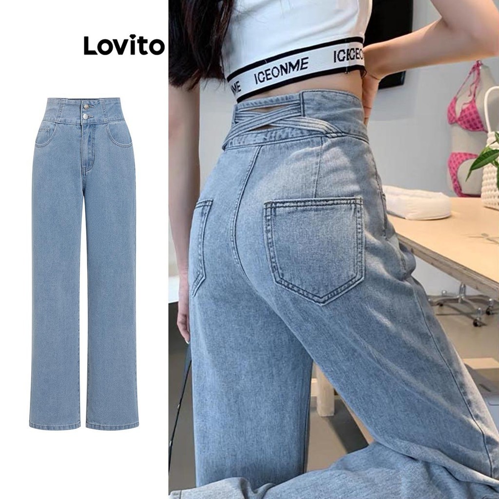 Lovito กางเกงยีนส์ผู้หญิง แต่งสายไขว้หลัง สีพื้น สไตล์ลำลอง L80ED236