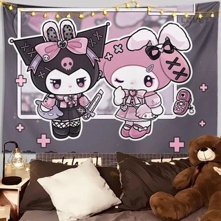ผ้าพื้นหลังซีรีส์การรักษา Kuromi Sanrio KUROMI ผ้าแขวน น่ารัก ตกแต่งผนังหัวใจสาวๆ ผ้าผนังห้อง