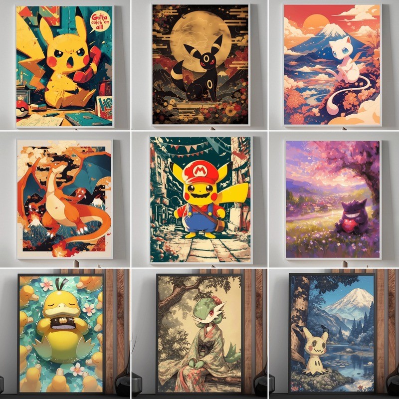 โปสเตอร์ Pokemon Starters โปสเตอร์อนิเมะ คุณภาพสูง พิมพ์ได้ Wall Art ศิลปะติดผนังห้องนอน Digital ตกแต่งบ้านญี่ปุ่น โปสเตอร์ผ้าใบของขวัญที่น่าตื่นตาตื่นใจ