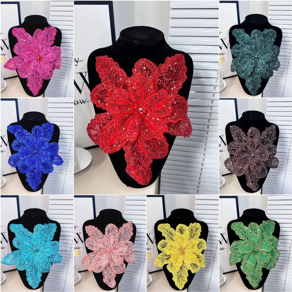 เลื่อมลูกปัดหน้าอกดอกไม้ 3D ดอกไม้ลูกไม้แพทช์หลายชั้น Applique เสื้อผ้าผ้าเย็บวัสดุ DIY Handmade