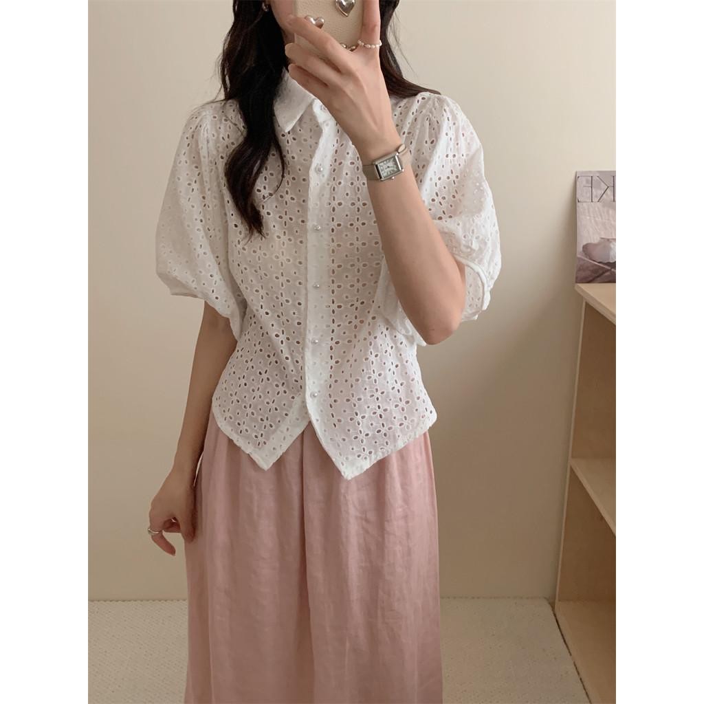 Dahong 💖เสื้อเบลาส์ลำลองสีพื้น แต่งตาไก่ เสื้อเชิ้ต ดูผอมบางเสื้อเชิ้ตแขนสั้น สำหรับสตรี แฟชั่น Women Clothing W518 - รูปที่ 2