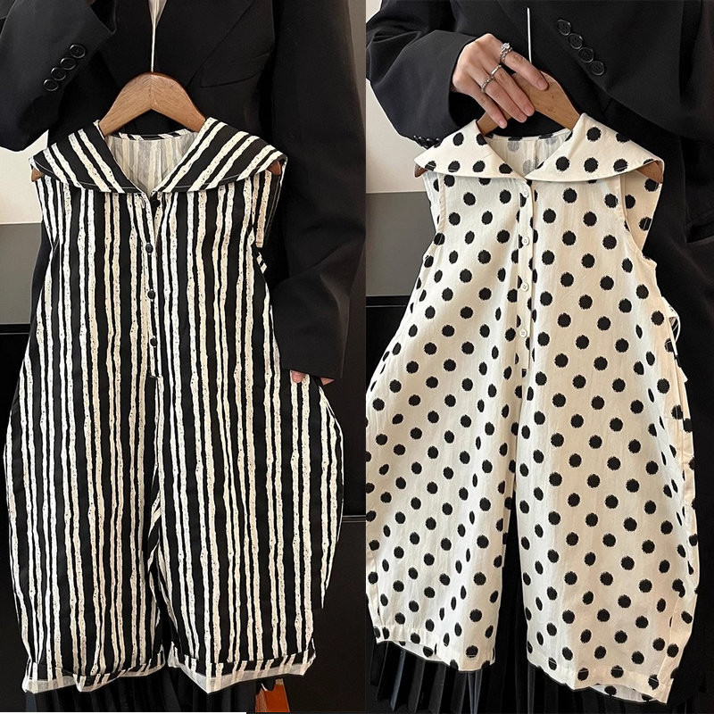 2-8 ปีเด็กหญิงกลางและเด็กเล็กน่ารักสีกรมท่าแขนกุดลายจุด ชุดจั๊มสูท ปกลาย ชุดจั๊มสูท ทุกวันสวมใส่