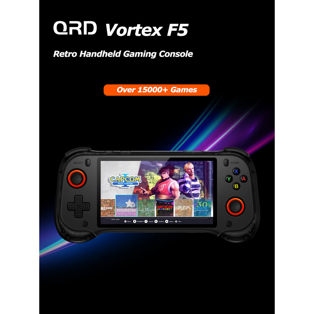 Qrd Vortex F5 Retroคอนโซลเกมมือถือ 5.5 นิ้วหน้าจอIPS LinuxระบบHALLผลจอยสติ๊กLEDแสงวิดีโอเกมเครื่องเล