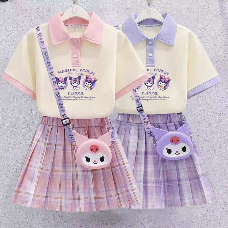 ชุดเดรส Kuromi สำหรับเด็กผู้หญิง 2025 ชุด POLO ใหม่สำหรับเด็กผู้หญิง แขนสั้นฤดูร้อน ชุด JK