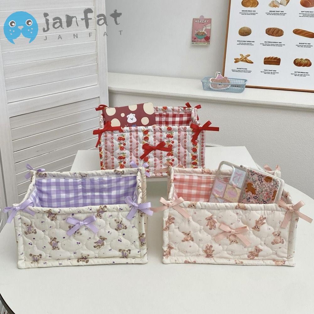 กล่องเก็บของ JANFAT, Bear Pattern Square Desktop Storage Basket, Cute High-capacity Quilting Cotton Cartoon Organizer Box Home Decorative