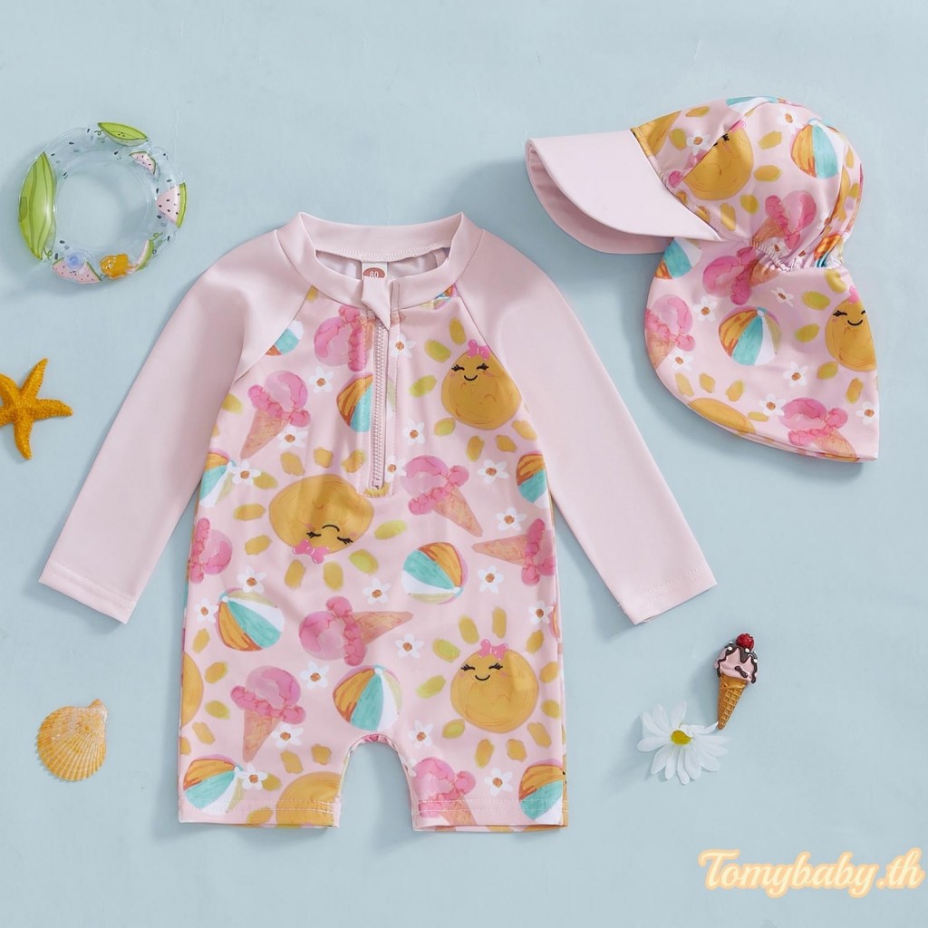 Tomybaby-kids Girls ชุดว่ายน้ําเครื่องดื่ม/ไอศกรีมพิมพ์แขนยาว Rash Guard ชุดว่ายน้ํา + หมวก