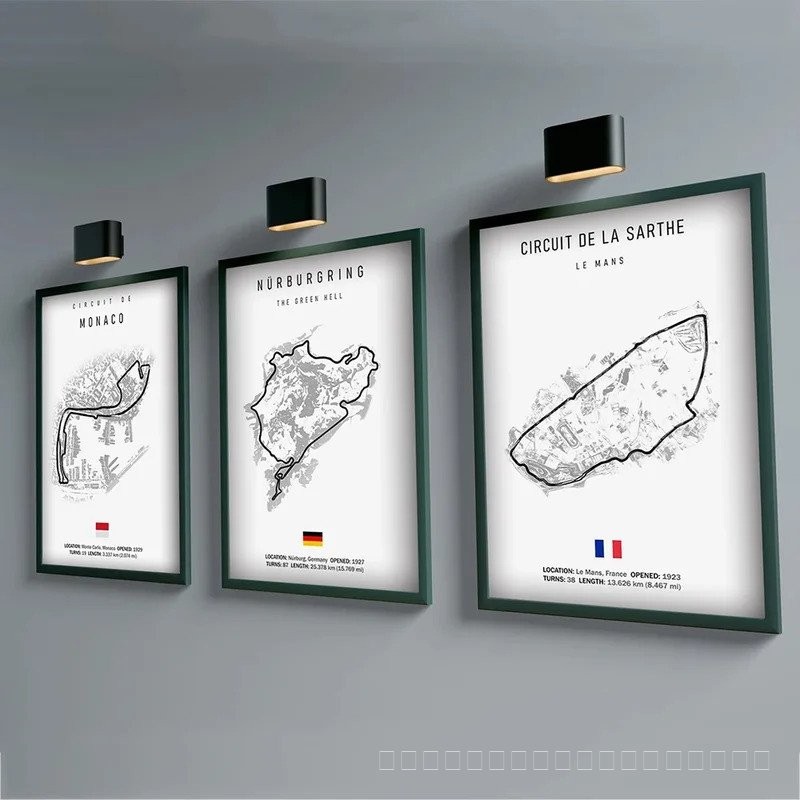 ภาพวาดผ้าใบสนามแข่งสูตร 1 ระดับนานาชาติ F1 โปสเตอร์ศิลปะติดผนัง สไตล์สแกนดิเนเวียน รูปภาพรถจักรยานยนต์สำหรับตกแต่งบ้าน