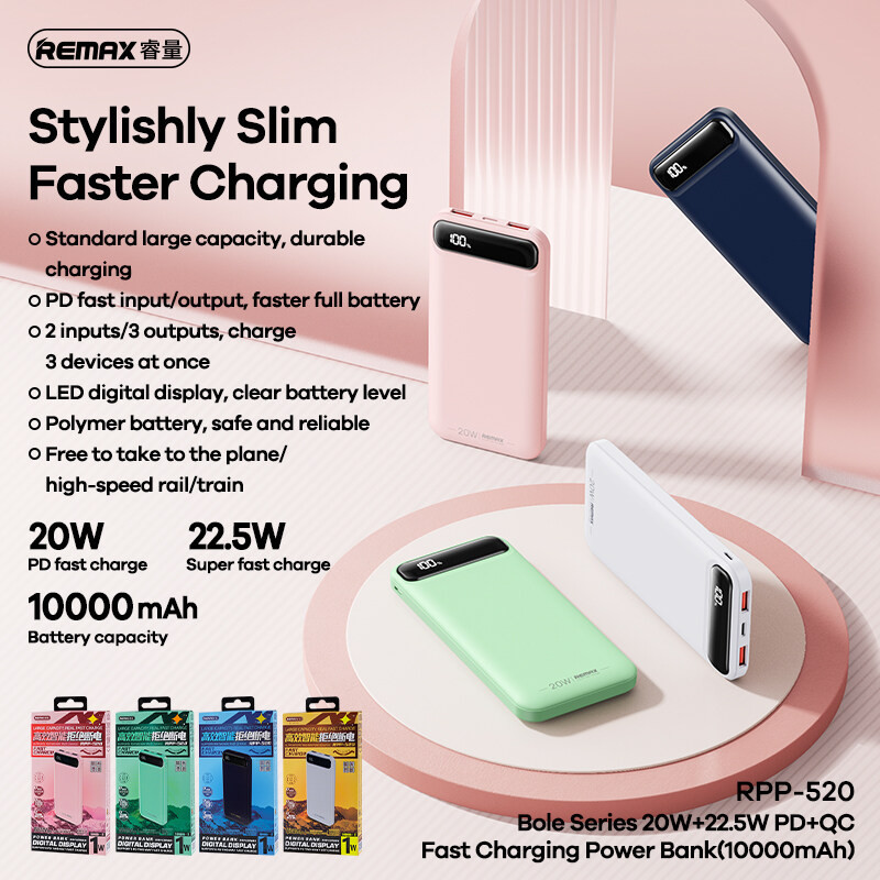 Remax RPP-520 10000MAH / RPP-521 20000MAH / RPP-522 30000 mAh แบตเตอรี่สำรอง Power Bank PD22.5W พาวเวอร์แบงค์ชาร์จเร็ว