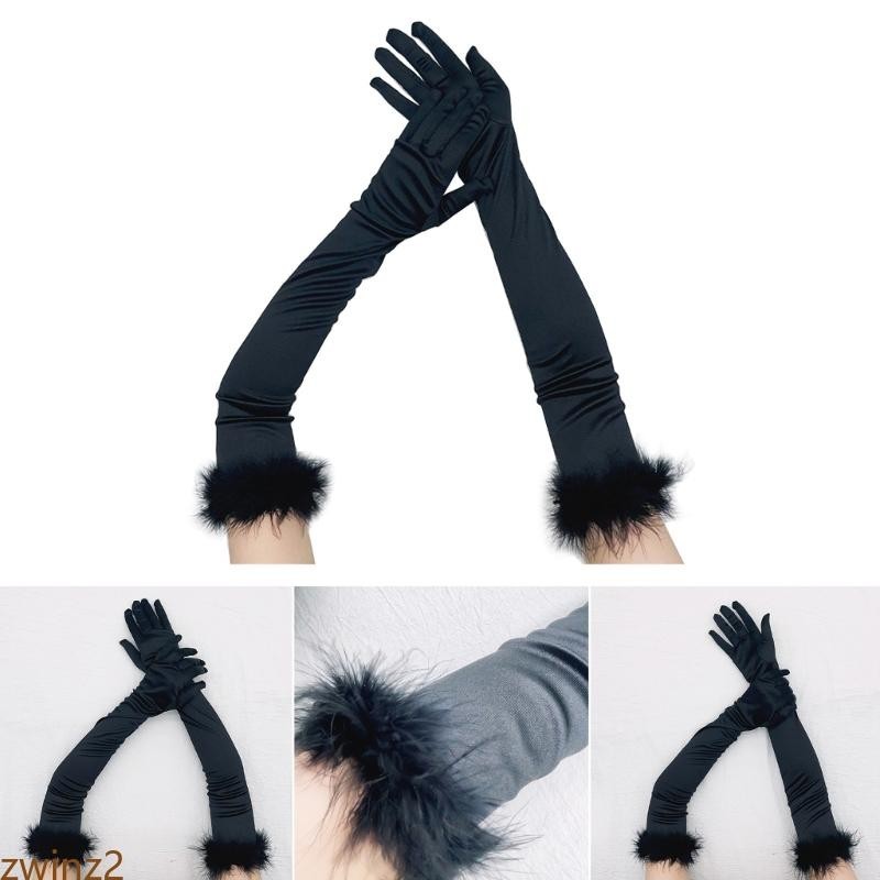 Zwinz2 ถุงมือยาว ผ้ายืด ประดับขนนก เหมาะกับฤดูร้อน สําหรับผู้หญิง ใส่ไปงานเลี้ยง งานแต่งงาน