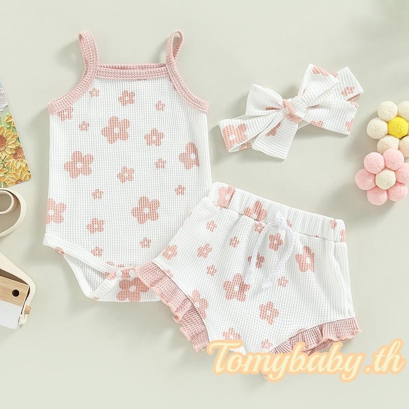 Tomybaby- ชุดรอมเปอร์ เสื้อกล้าม ผ้าถัก ลายดอกไม้ และกางเกงขาสั้น แต่งระบาย และที่คาดผม แฟชั่นฤดูร้อน สําหรับเด็กผู้หญิง 3 ชิ้น ราคา ถูกที่สุด ดีลบีเคเค แกลเลอรีภาพที่ 8