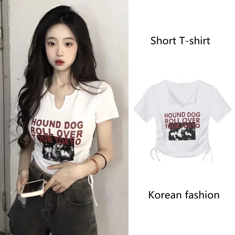 พร้อมส่ง 🌟เสื้อยืดครอปแขนสั้นสาวอวบผู้หญิง ทรงเข้ารูป เสื้อผ้ามินิมอลสไตล์เกาหลี เสื้อเอวลอยวัยรุ่นน