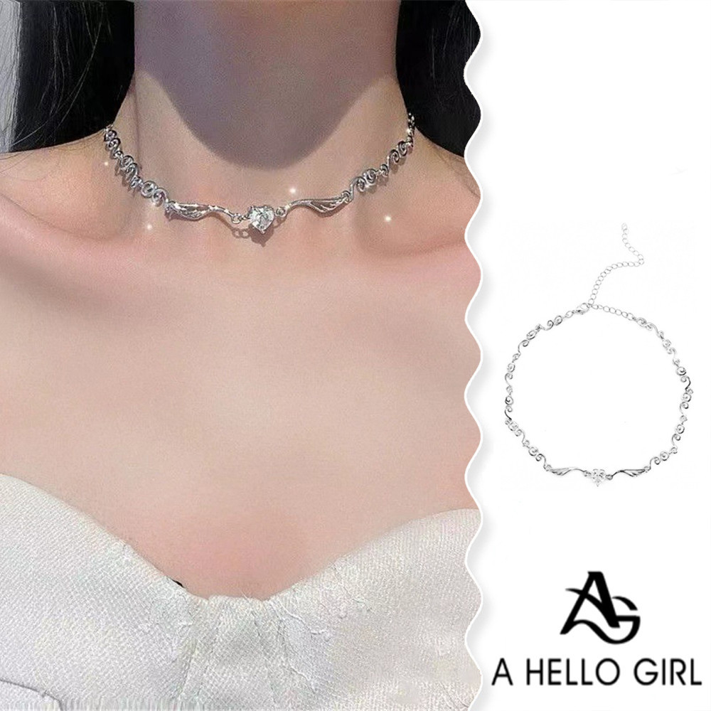 A HELLO GIRL สร้อยคอโช้กเกอร์ จี้รูปปีกนางฟ้า หัวใจ ประดับเพชร สไตล์ฮาโอชิ สําหรับผู้หญิง