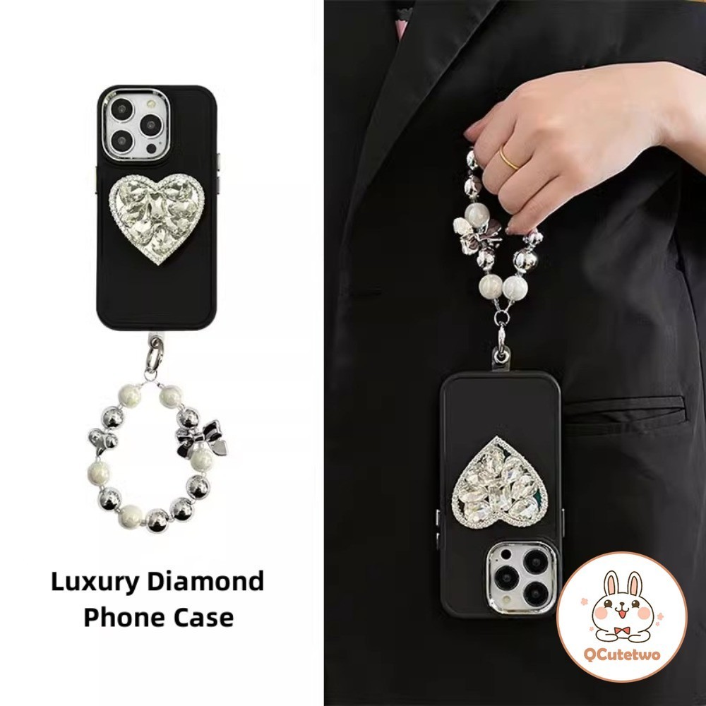 เคสโทรศัพท์มือถือ ซิลิโคน ปิดด้านหลัง ประดับเพชร พร้อมสายรัดข้อมือ หรูหรา สีดํา สําหรับ Iphone 15 Pro Max 14 11 12 13 Pro Max