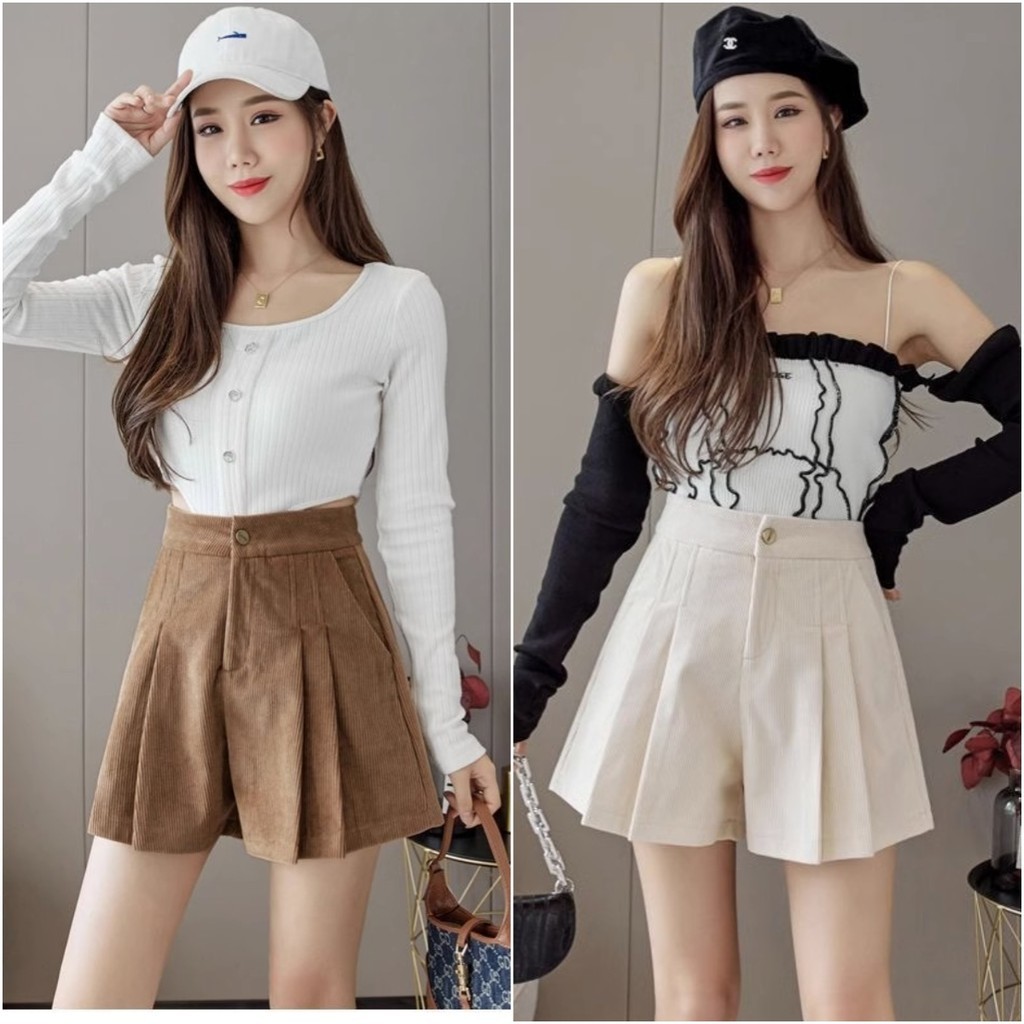 ccute  พร้อมส่ง  กางเกงลูกฟูก เอวสูง แฟชั่นสไตล์สาวเกาหลี สุดชิค