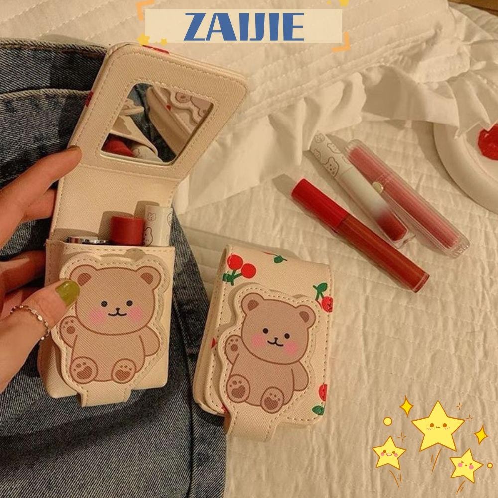 Zaijie24 กระเป๋าเครื่องสําอาง ลายตุ๊กตาหมีน้อย แบบพกพา ขนาดเล็ก พร้อมกระจกป้องกัน เหมาะกับการเดินทาง