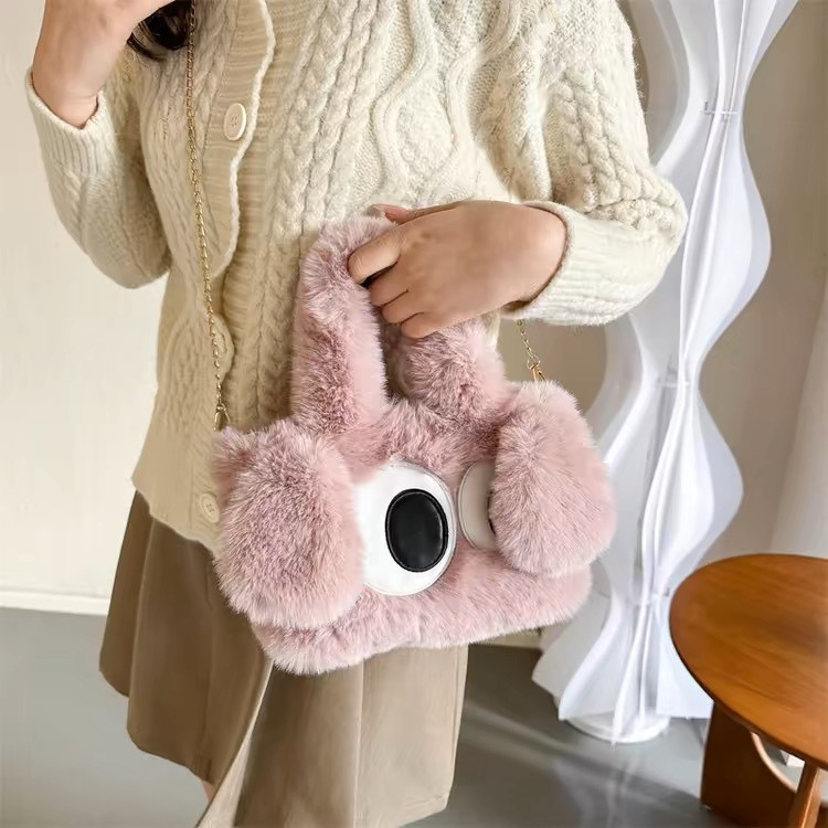 (HB-889) กระเป๋าถือ  มีสายสะพายไหล่ สายโซ่ ลายตุ๊กตา ตาโต ขนนิ่มๆ