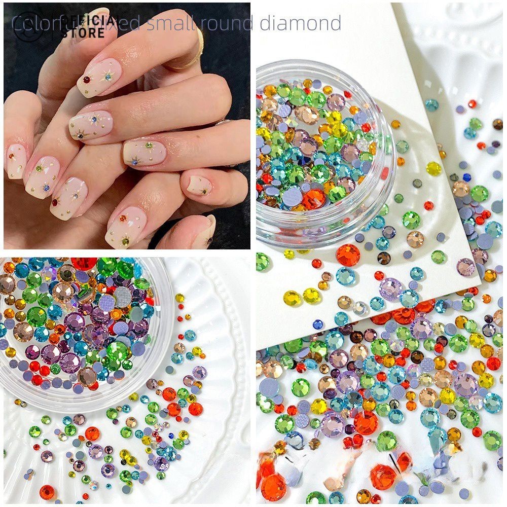 เล็บเพชรแก้วกลมเจาะสีผสมด้านล่างแบนเล็บตกแต่งสติกเกอร์เจาะ