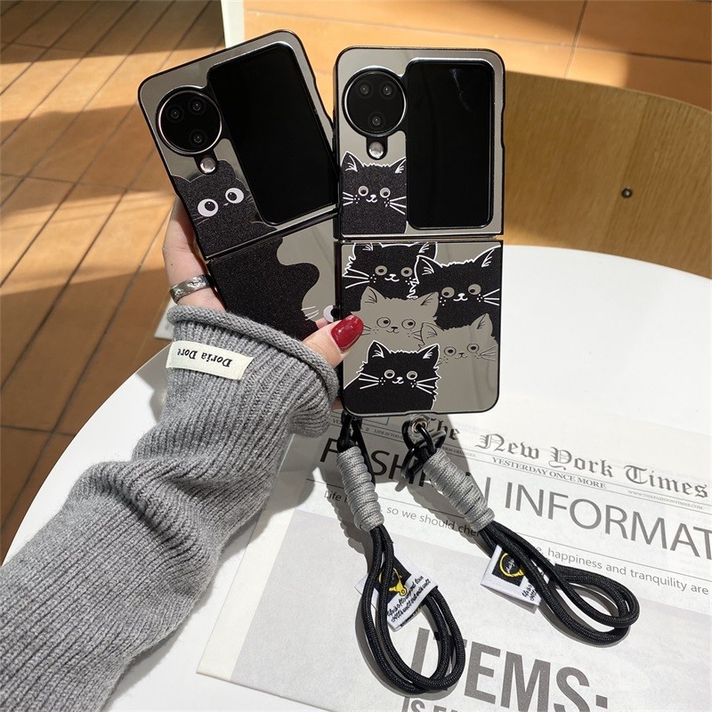 เคสโทรศัพท์มือถือ PC พับได้ ผิวกระจก กันกระแทก ลายแมวดํา สร้างสรรค์ สําหรับ oppo find n3 find n2