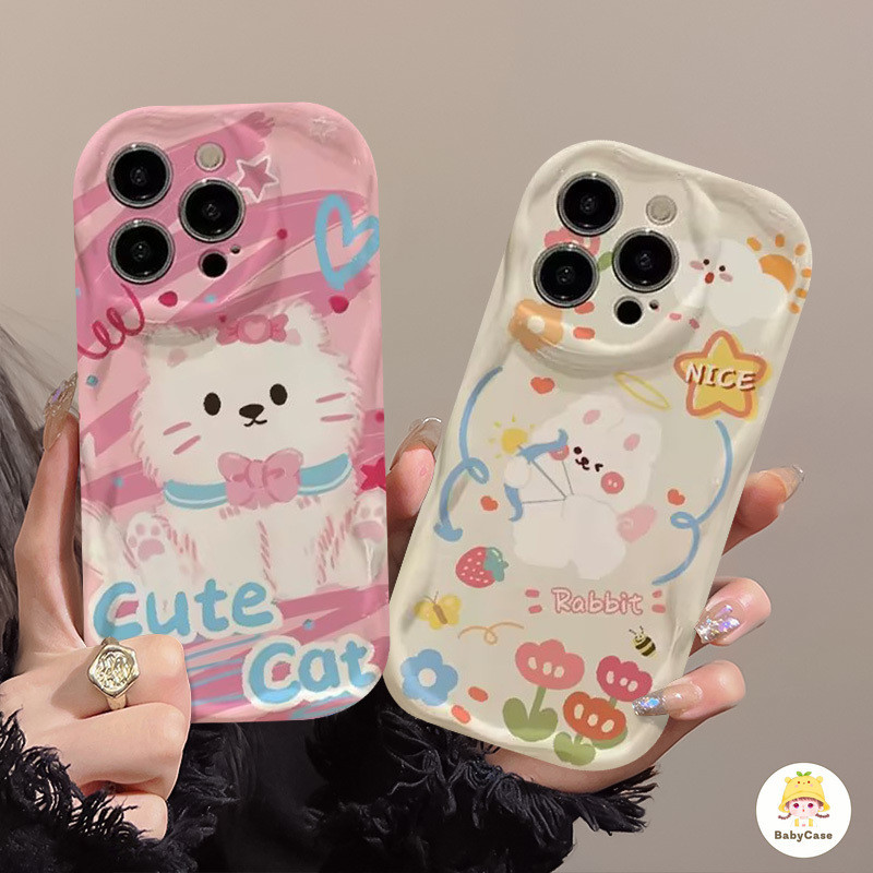 กระต่ายน่ารักการ์ตูนแมวน่ารัก 3D เคสขอบโค้งหยักสำหรับ iPhone 11 13 12 15 14 Pro Max 7 8 Plus XR X XS Max 7Plus 13 mini