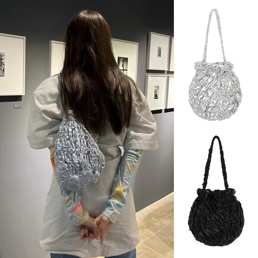 Onnuk Korean Cosmos Silver Pleated Bag Bucket Bag Fashion Shoulder Bag Women's Bag