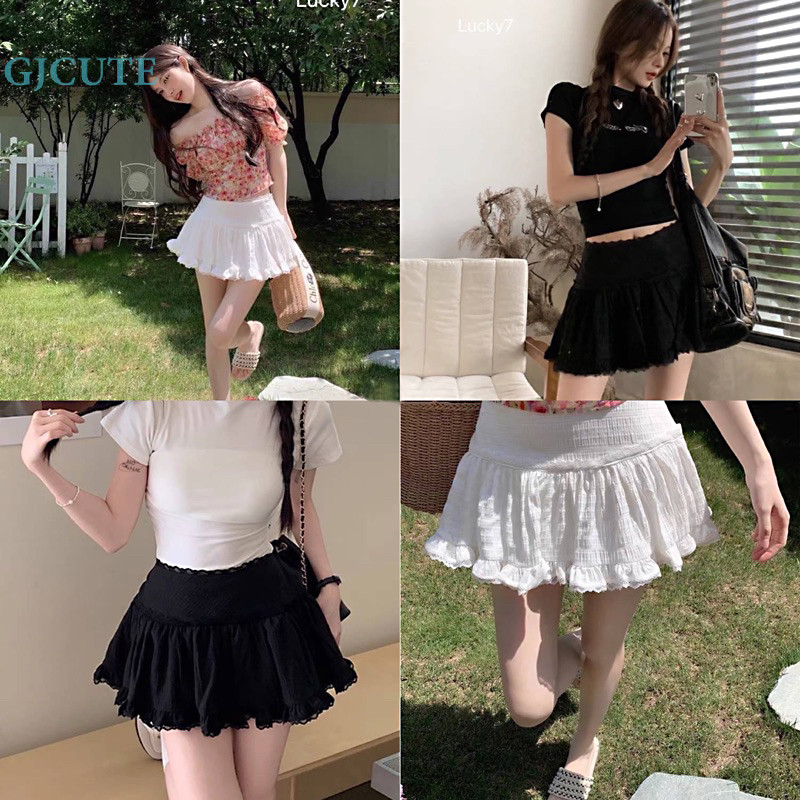 Gjcute Marshmallow Skirt กระโปรงสั้นทรงบัลเล่ต์เอวต่ำ สไตล์เวียดนาม ปักลูกไม้ สีขาว