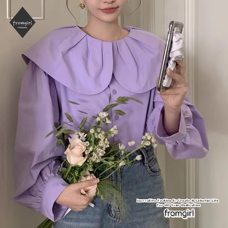 เสื้อเชิ้ตแขนยาว แฟชั่นฤดูใบไม้ร่วง สไตล์เกาหลีวินเทจ