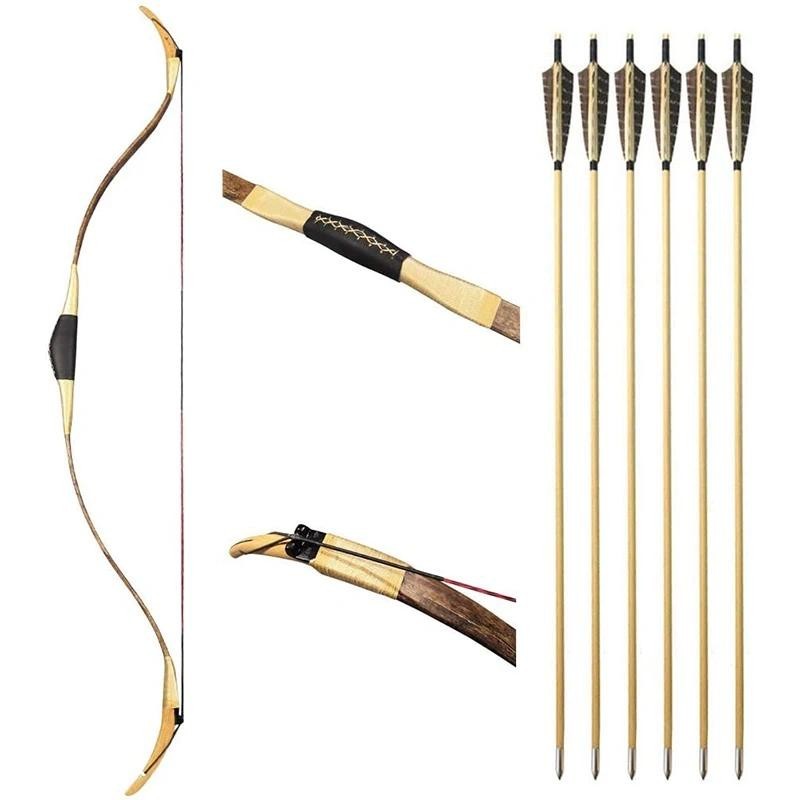 1 set of 20-40 pound traditional archery bow handcrafted long bow with genuine feather wood arrow reverse curved bow set