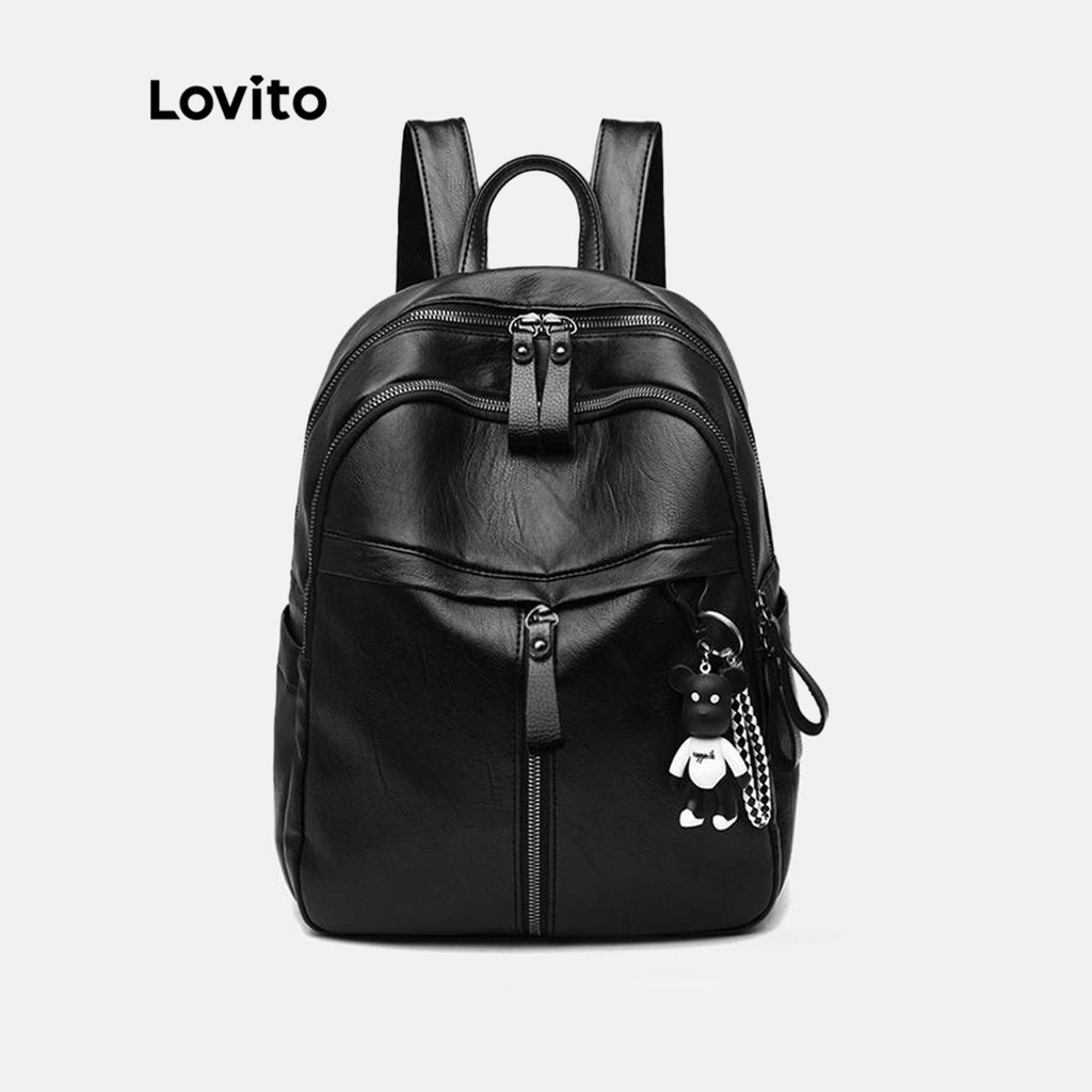 Lovito กระเป๋าเป้สะพายหลัง ลำลอง ความจุสูง สีพื้น มีซิป สำหรับผู้หญิง LNA09180 (สีดำ)
