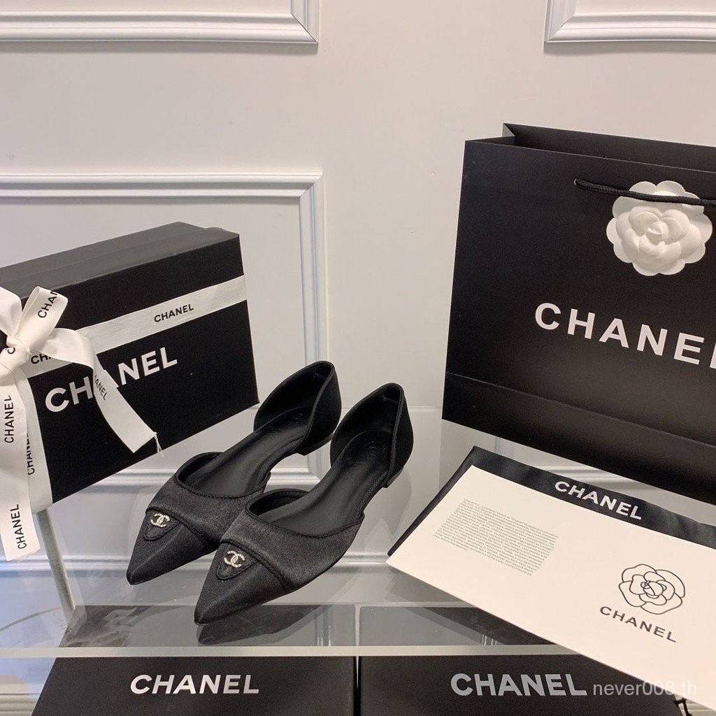 Chane * Chanel Style รองเท้าส้นสูง ผ้าซาติน หนังวัวแท้ หัวแหลม แต่งพลอยเทียม สีดํา สําหรับผู้หญิง 2023